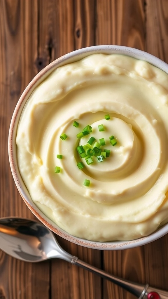 A bowl of creamy cauliflower puree garnished with chives on a wooden table.